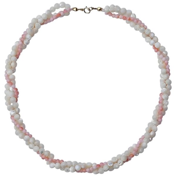 Triple Strand Coral and Mother of Pearl Bead Necklace circa 1970s