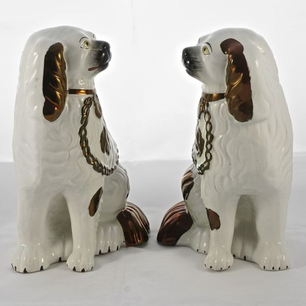 Victorian Pair of Staffordshire Pottery Copper Lustre Dog Figurines
