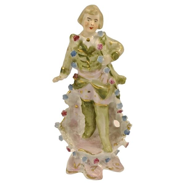 Antique Hand Painted Porcelain Man Figurine with Flowers