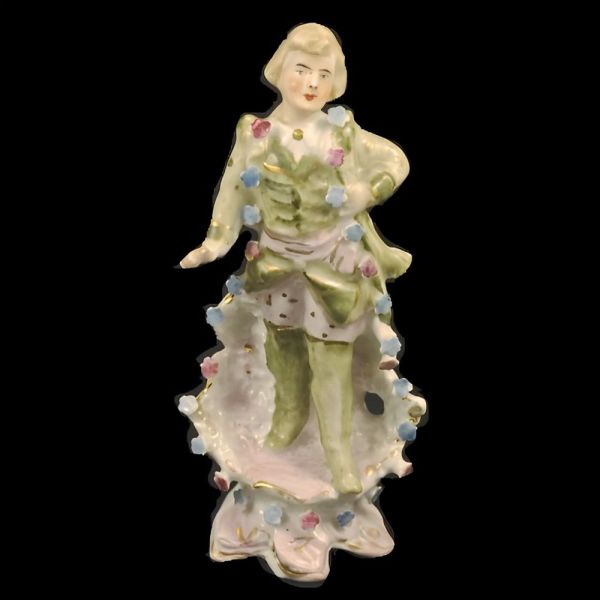 Antique Hand Painted Porcelain Man Figurine with Flowers