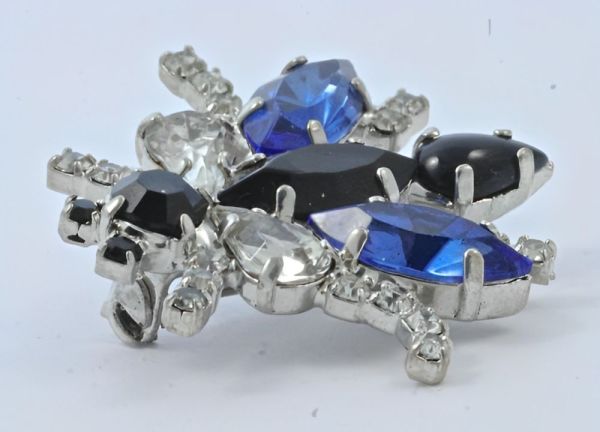 Vintage Silver Tone Blue and Clear Diamante Fly Brooch