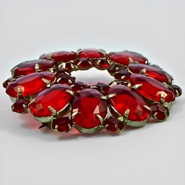 Antique Silver Plated Brooch with Faceted Red Glass Stones