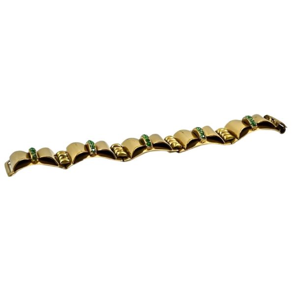 Art Deco Brass Bracelet Green Rhinestones circa 1930s