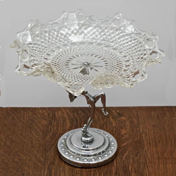 Art Deco Chrome Lady Glass Dish Centrepiece circa 1930s