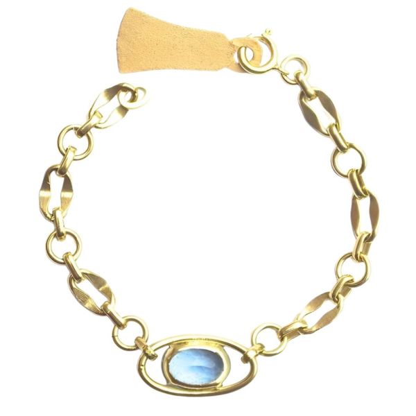 Art Deco German Gold Tone and Blue Glass Bracelet