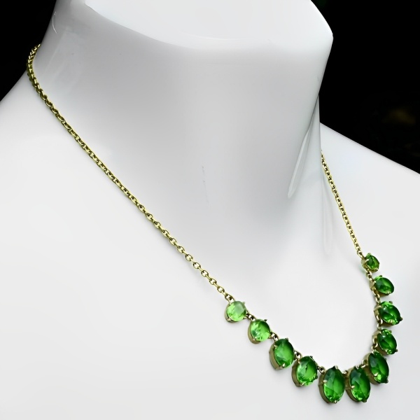 Art Deco Necklace with Apple Green Paste Stone Drops