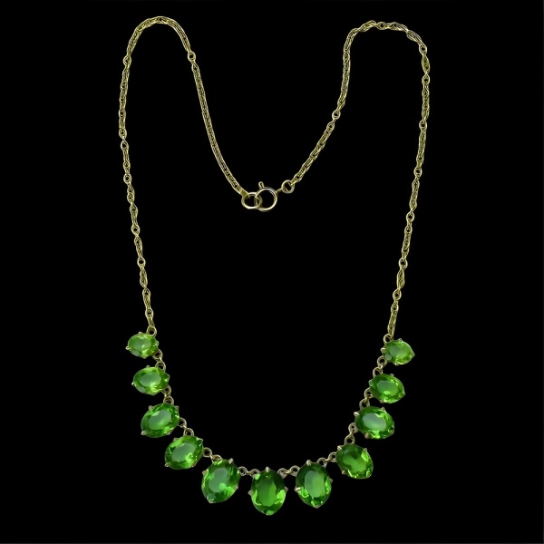 Art Deco Necklace with Apple Green Paste Stone Drops