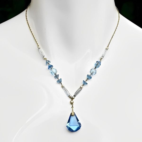 Art Deco Blue Glass Faux Pearl Necklace with Drop Pendant