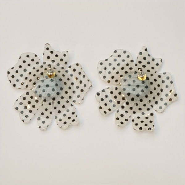 Pale Grey and Plastic Dot Flower Statement Earrings