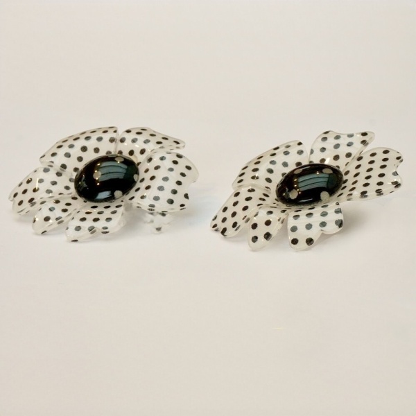 Pale Grey and Plastic Dot Flower Statement Earrings