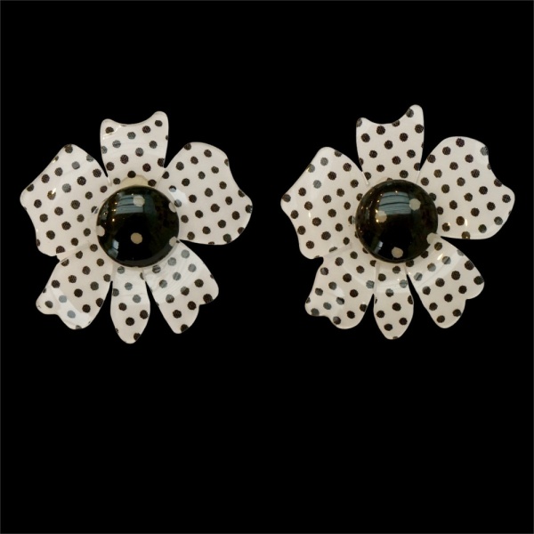 Pale Grey and Plastic Dot Flower Statement Earrings