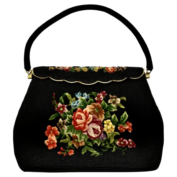 Black Beaded and Floral Tapestry Handbag circa 1950s