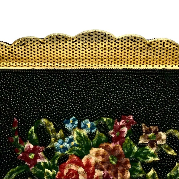 Black Beaded and Floral Tapestry Handbag circa 1950s