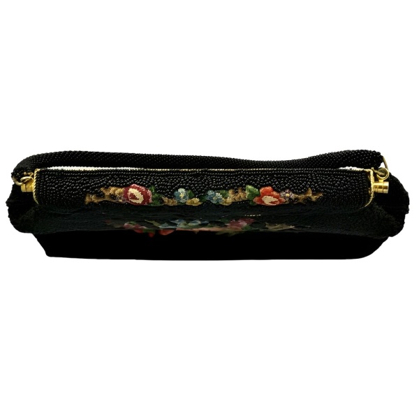 Black Beaded and Floral Tapestry Handbag circa 1950s