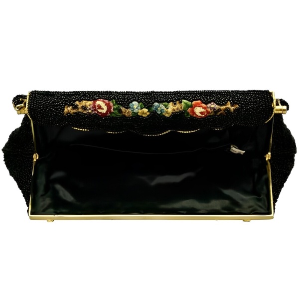 Black Beaded and Floral Tapestry Handbag circa 1950s