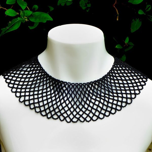 Black Glass Bead Collar Necklace Hong Kong circa 1950s