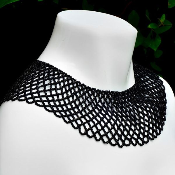 Black Glass Bead Collar Necklace Hong Kong circa 1950s