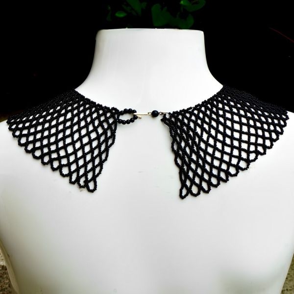 Black Glass Bead Collar Necklace Hong Kong circa 1950s