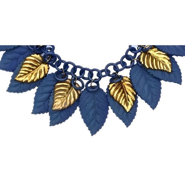 Blue Celluloid and Gold Tone Metal Leaf Necklace circa 1930s