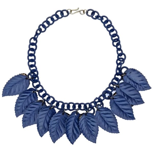 Blue Celluloid and Gold Tone Metal Leaf Necklace circa 1930s