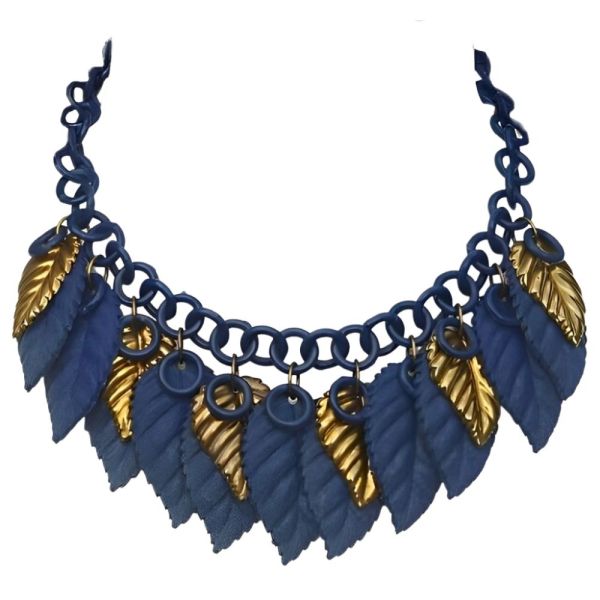 Blue Celluloid and Gold Tone Metal Leaf Necklace circa 1930s