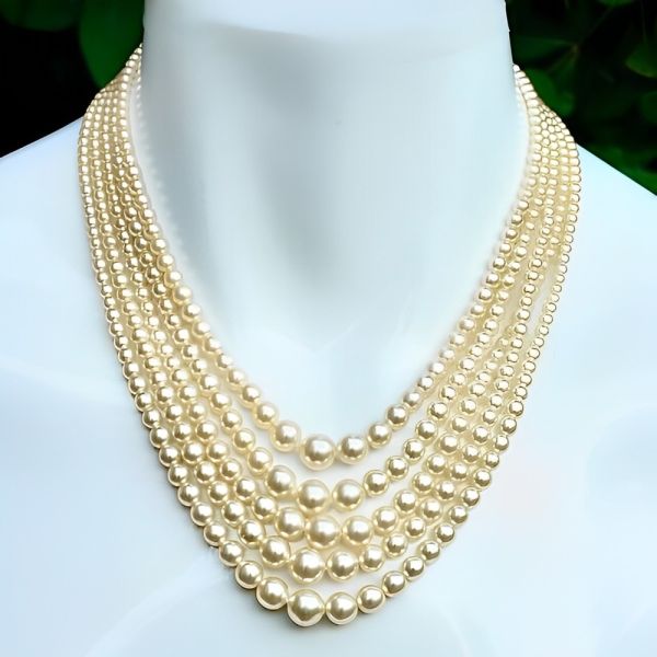 Cream Faux Pearl Five Strand Necklace with Rhinestone Clasp