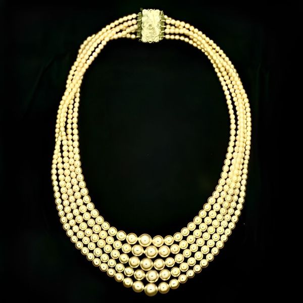 Cream Faux Pearl Five Strand Necklace with Rhinestone Clasp