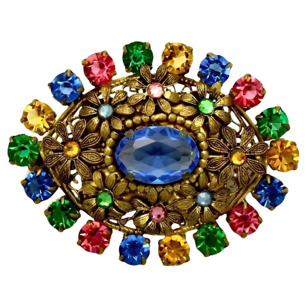 Czech Gilt Multi Coloured Glass Brooch circa 1930s