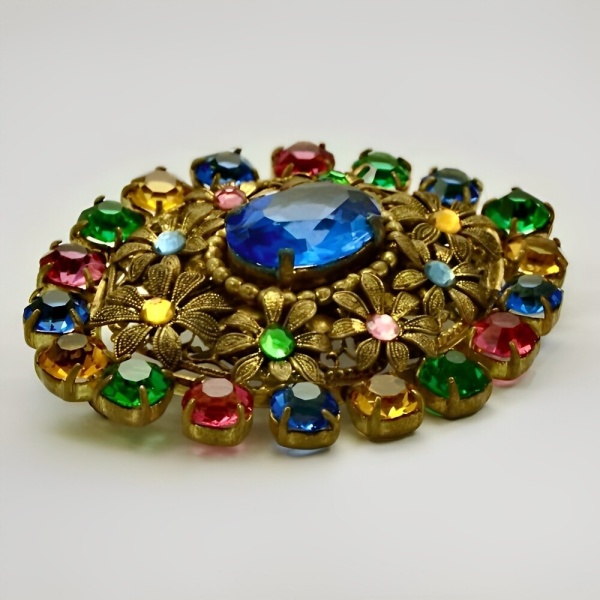 Czech Gilt Multi Coloured Glass Brooch circa 1930s