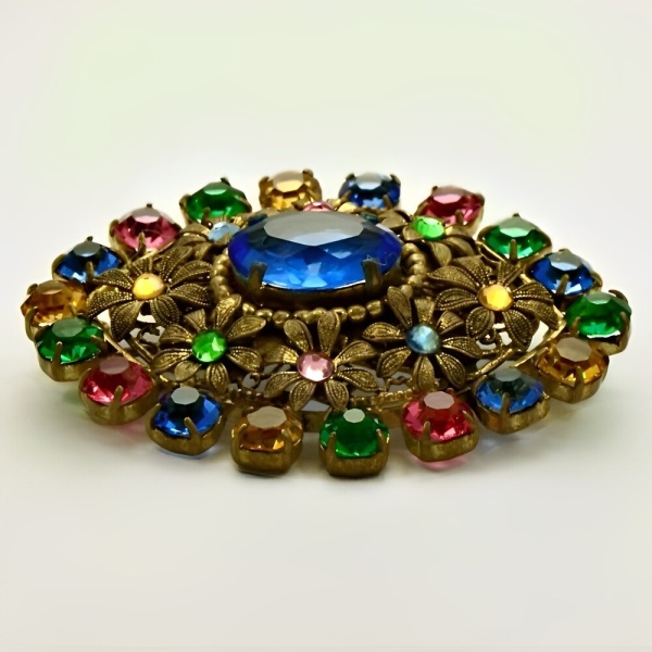 Czech Gilt Multi Coloured Glass Brooch circa 1930s