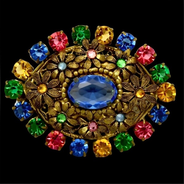 Czech Gilt Multi Coloured Glass Brooch circa 1930s