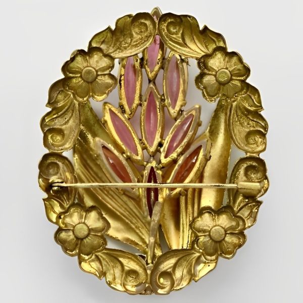 Czech Gilt Metal and Pink Glass Floral Brooch circa 1930s