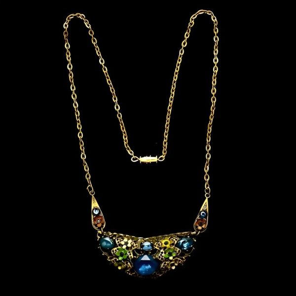 Czech Gilt Metal Enamel Flower Blue Glass Necklace circa 1930s