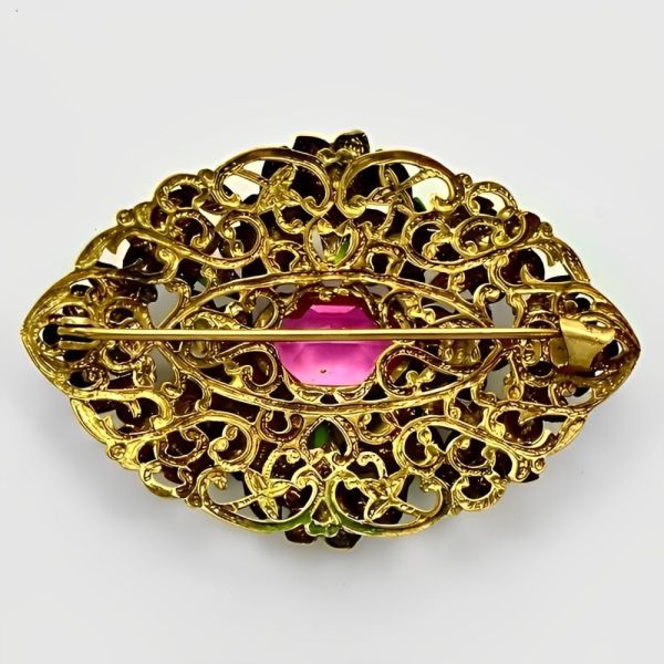 Czech Gilt Metal Pink and Green Floral Brooch circa 1930s