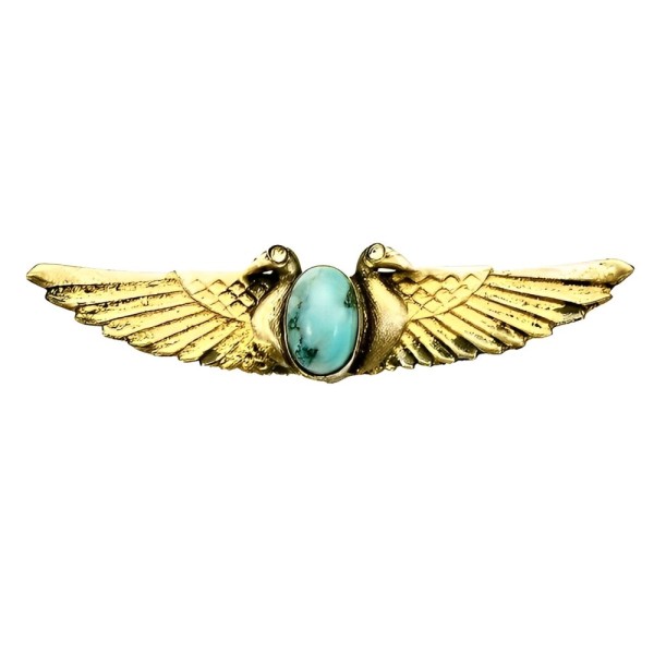 Egyptian Revival Gilt Metal Horus Birds Brooch Faux Turquoise Stone