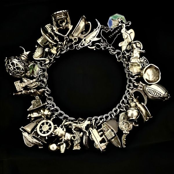 English Sterling Silver Double Link Charm Bracelet 1960s