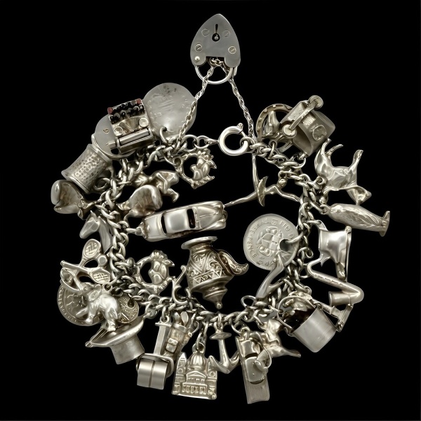 English Sterling Silver Double Link Charm Bracelet