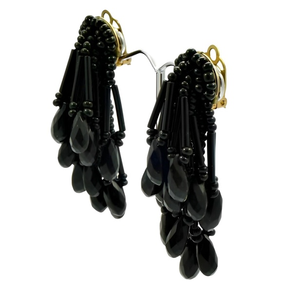 French Jet Beaded Drop Clip On Earrings 1960s