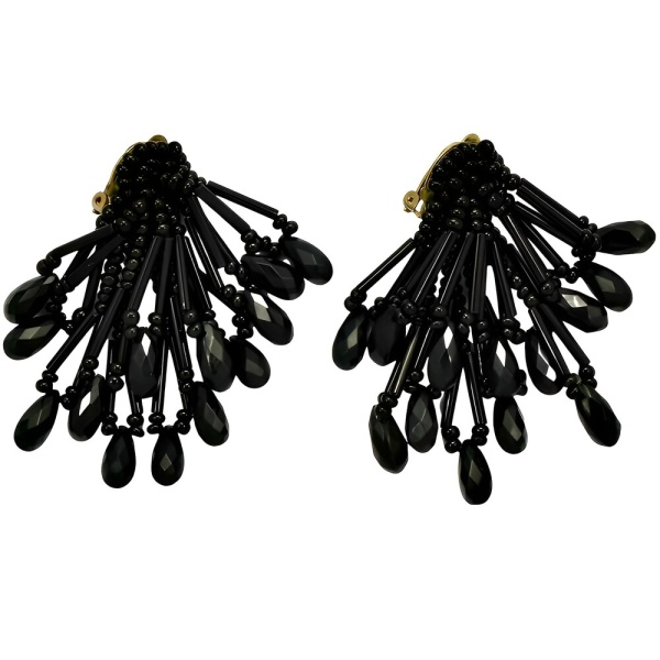 French Jet Beaded Drop Clip On Earrings 1960s