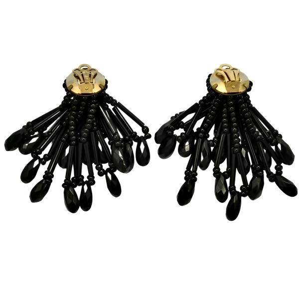 French Jet Beaded Drop Clip On Earrings 1960s