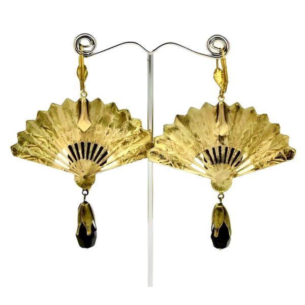 Gilt Metal Black Glass Face Fan Earrings with Black Glass Drop