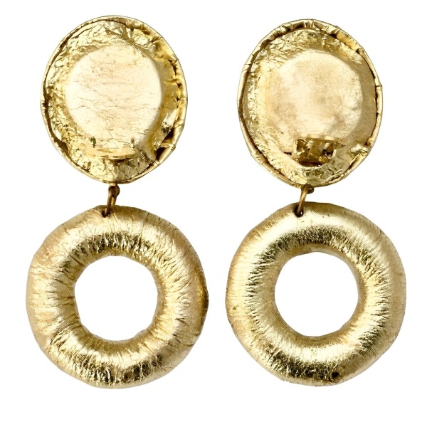 Gold Leather Clip On Earrings with Glass Rhinestones