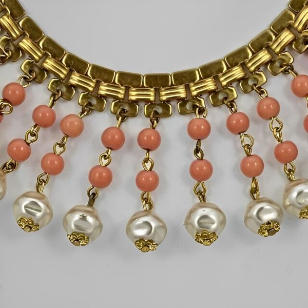 Gold Plated Coral Glass Bead Faux Pearl Necklace circa 1950s