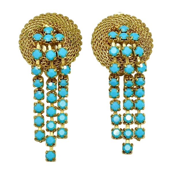 Gold Plated Mesh Earrings Turquoise Glass Stones 1950s