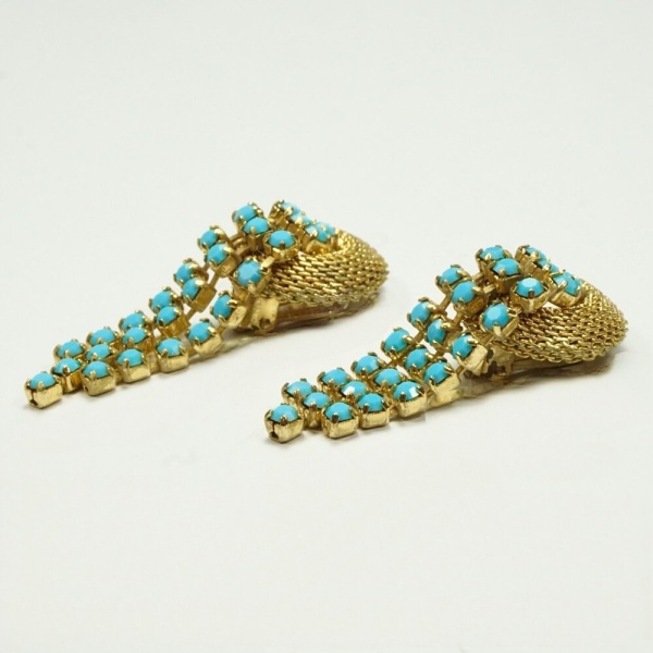 Gold Plated Mesh Earrings Turquoise Glass Stones 1950s