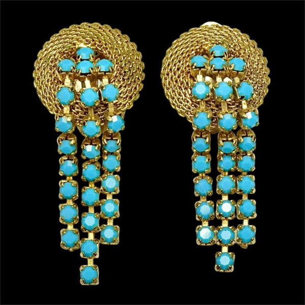 Gold Plated Mesh Earrings Turquoise Glass Stones 1950s