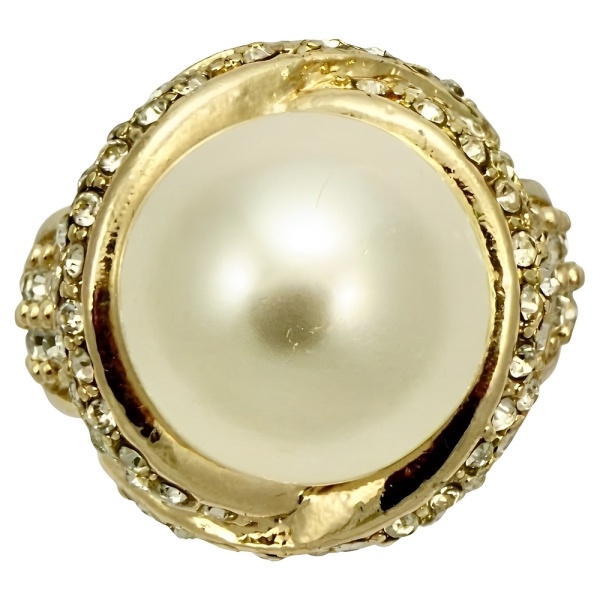 Gold Plated Faux Pearl and Crystals Cocktail Ring