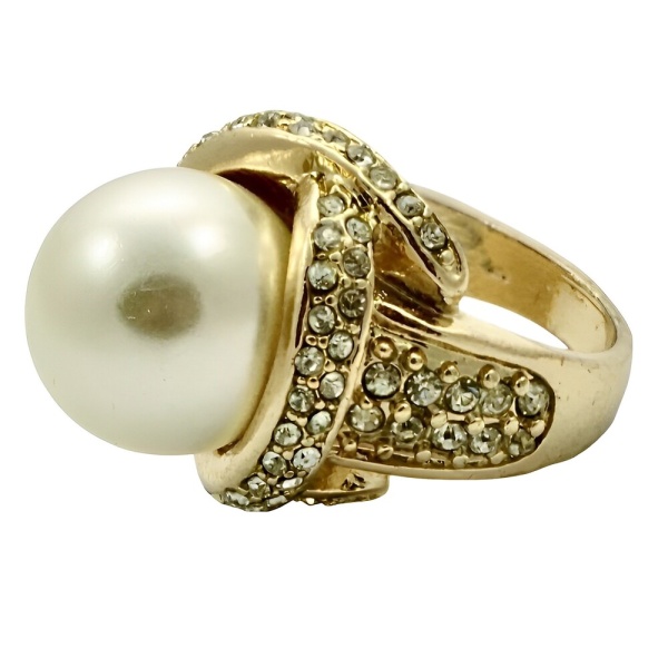 Gold Plated Faux Pearl and Crystals Cocktail Ring