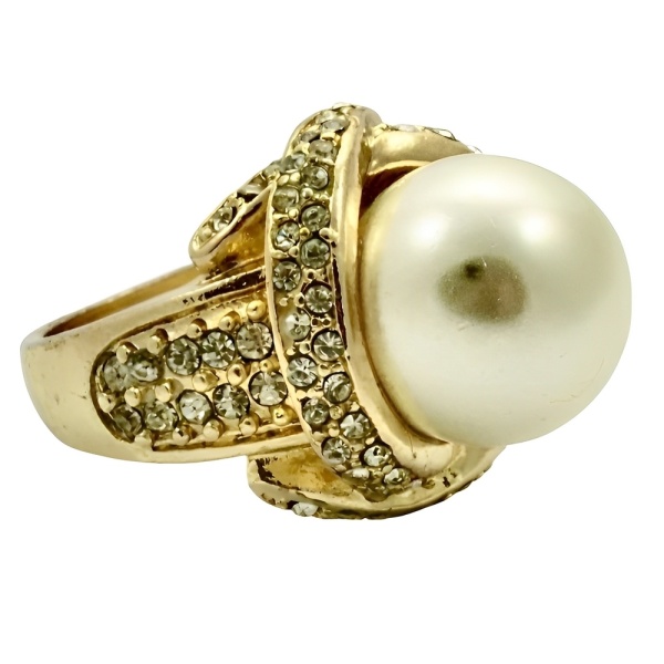 Gold Plated Faux Pearl and Crystals Cocktail Ring