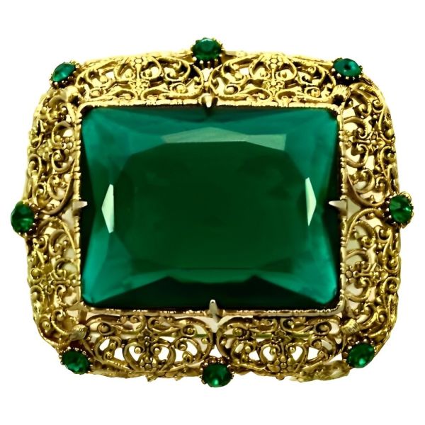 Gold Plated Emerald Green Glass Statement Brooch circa 1960s